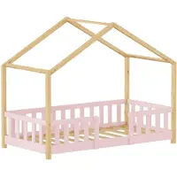 En.casa Kinderbett ’Treviolo‘ in Haus-Optik mit Rausfallschutz Kiefernholz 80 x 160 cm Rosa / Natur