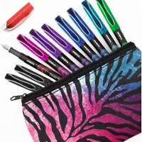 Zebra Fuente – Einweg-Füller – Tinte in verschiedenen Farben – Packung mit 10 Stück – Enthält eine bleistiftfarbene Etui mit rosa und blauen Streifen