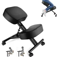 Merkloos Kniestuhl Ergonomischer Bürostuhl - Höhenverstellbar - Schwarz Kunstleder - Mit 4 Rollen - Für Büro und Homeoffice