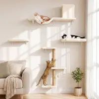 Merkloos Kletterwand Katze Kratzbaum Katzenbrücke - 4-teilig - Massivholz - Sisal-Kratzsäule - Beige