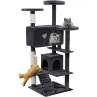 QEENTOE Kratzbaum 130 cm, Grosse Katzenbaum Katzenkratzbaum für Hauskatzen Mehrstöckiger Katzenhaus Spielhaus für Katzen, Blaugrau