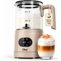 Olvy Elektrischer Milchaufschäumer aus Glas 4-in-1, 500 W, Temperaturanzeige, 160 ml Milchschaum, 400 ml Milcherhitzung, Heiß- & Kaltschaum, Beige
