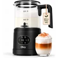 Olvy Elektrischer Milchaufschäumer aus Glas 4-in-1, 500 W, Temperaturanzeige, 160 ml Milchschaum, 400 ml Milcherhitzung, Heiß- & Kaltschaum, Schwarz