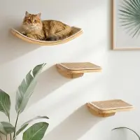 Merkloos Kratzbaum Katzenwandregal Katzenmöbel - 3-teilig - Holzbretter mit gelbem Sisal - Mit Montagematerial