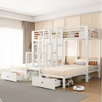OKWISH Etagenbett 90×200 mit Schutzgeländern,Schubladen,Jugendbett mit Mitteltreppe,Metallbett in Weiß,ohne Matratze