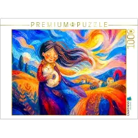 CALVENDO Puzzle Puzzlespiel Mädchen mit Katze im herbstlichen Wind auf farbiger Hügel landschaft | 1000 Teile Lege-Größe 64 × 48 cm Foto-Puzzle für glückliche Stunden