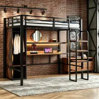 ALFORIGO Hochbett 90 x 200 cm aus Metall mit App-LED/Schreibtisch – Metallbett mit Stecktafel und einstufigem Regal, Bettgestell in der Farbe Schwarz