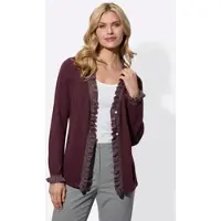 Sieh an! Strickjacke SIEH AN "Strickjacke Strickjacke mit Rüschen", Damen, Gr. 42, lila (burgund), Elegant, V-Ausschnitt, Strickjacken Strickjacke