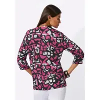 Création L Klassische Bluse "Bluse Druckbluse mit Falten am Ausschnitt", Damen, Gr. 44, fuchsia, schwarz, bedruckt, Web, Stoff, , Modisch, Rundhals, Blusen Klassische Bluse