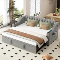 ALFORIGO Schlafsofa 90/180 x 190 cm mit Ausziehbett, USB-Ladeanschluss, Stauraum in den Armlehnen, 22 Latten, Samtbezug, Grau