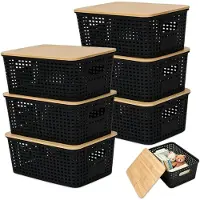Merkloos Set aus 6 Aufbewahrungsboxen mit Deckel, im Holzoptik-Schwarz