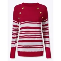Sieh an! Longpullover SIEH AN "Ringel-Pullover Langarm-Pullover mit goldfarbenen Knöpfen", Damen, Gr. 46, rot, weiß, geringelt, Modisch, Rundhals, Pullover Longpullover