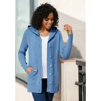 Sieh an! Strickjacke SIEH AN "Long-Strickjacke Kapuzenstrickjacke mit Känguru-Taschen", Damen, Gr. 40, blau (mittelblau), Sportlich, Strickjacken Strickjacke