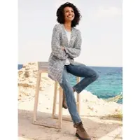 HEINE Strickjacke "Strickjacke Strickjacke aus Bouclé-Garn", Damen, Gr. 42, grau (bleu, gemustert), Bouclé, , Modisch, V-Ausschnitt, Strickjacken Strickjacke