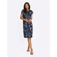 Sieh an! Jerseykleid SIEH AN "Jersey-Kleid Jerseykleid mit abnehmbarem Bindegürtel", Damen, Gr. 38, N-Gr, blau (marine, hellrosé, bedruckt), Modisch, U-Boot-Ausschnitt, Kleider Jerseykleid