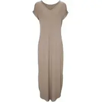 HEINE Jerseykleid "Shirtkleid Maxikleid mit seitlichen Taschen", Damen, Gr. 46, N-Gr, beige (sand), Modisch, V-Ausschnitt, Kleider Jerseykleid