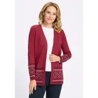 Sieh an! Strickjacke SIEH AN "Long-Strickjacke Longstrickjacke mit Bordüren-Muster", Damen, Gr. 46, rot (kirsche, marine), Jacquard, , Basic, Strickjacken Strickjacke