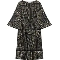 Sheego Maxikleid BY JOE BROWNS "Maxikleid Maxikleid mit Paisley- und Ornamentmuster", Damen, Gr. 56, N-Gr, schwarz (schwarz, ocker, gemustert), Modisch, V-Ausschnitt, Kleider Maxikleid