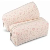 Merkloos Federmäppchen Stifteetui Kosmetiktasche - 16,5 x 10,3 x 7 cm - Beige mit rosa Blumen - 2 Stück - Für Schule, Büro und Zuhause