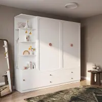 Flieks Kleiderschrank mit Schubladen und Tür, Garderobe mit Türgriff und Kleiderstange, Hochschrank mit Stauraum, 200 x 225 x 45 cm, Weiß, Holz+Stahl