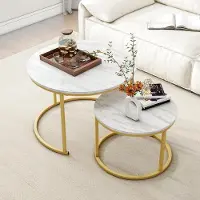 OEM Runde Couchtisch-Set aus 2 Teilen, weiß mit goldenem Rahmen