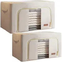Merkloos Elzusha – Set aus 2 mittelgroßen Aufbewahrungsboxen aus Textil, faltbar, 90 Liter Fassungsvermögen, mit Fenster, beige