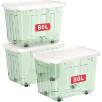 OEM 3er-Set Aufbewahrungsboxen 80L mit Rollen, PP, transparent grün