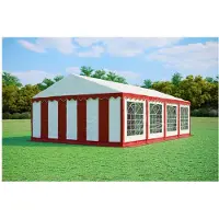 Ambitent Partyzelt 5x8 m PREMIUM – PVC-Plane 500 g/m², flammhemmend, Bodenrahmen + Dachverstrebungen, bis 80 Personen - Rot-Weiß
