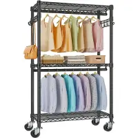 OEM Rollendes Kleiderregal mit Rollen, verstellbar, schwarz, Metall, 3 Ebenen