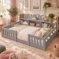 INONEFT Kinderbett 140x200 cm mit Rausfallschutz, Kinderbetten Bodenbett mit Staufach und Offenem Regal,Babybett für Jungen & Mädchen,Massivholz,Grau