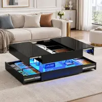 INONEFT Ausziehbarer Couchtisch 78x78x43cm, Wohnzimmertisch mit 2 Schubladen, Beistelltisch mit verstecktem Stauraum, Sofatisch, Schwarz