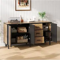 MODFU Sideboard 140 x 35 x 70 cm,moderner Kommode mit 3 Türen und 3 Schubladen, 6 Metallbeinen, MDF Beistellschrank für Wohnzimmer, Esszimmer und Flur, Schwarz/Natur