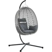 Markenlos Hängender Ei-Stuhl aus Poly-Rattan Anthrazit und Grau mit Ständer 104 x 100 x 191 cm klappbar für Garten Balkon Terrasse wetterfest komfortable Sitzgelegenheit mit Kopfstütze und Kissen zum