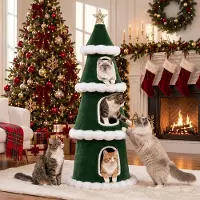 COMHOMA Kratzbaum 150cm hoch, Weihnachtsbaum-Design, mehrstöckiger Katzenbaum mit Katzenhaus, Ausgestattet mit Kippschutzvorrichtung, Stabiler Kletter