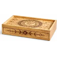 Ancient Wisdom Holzkiste für Tarotkarten, verziert mit Sonnen- und Mondmotiven, sowie eine Schublade