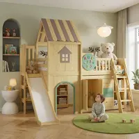 ALFORIGO Hochbett 90x200 cm mit Rutsche und 3-stufiger Treppe, Hausdesign mit Ablagefächern, Schubladenschrank und Kleiderschrank, Natur-Grün