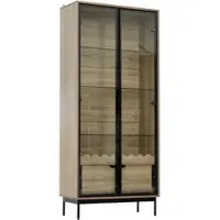 MODFU Wohnzimmerschrank,Glasvitrine mit Wellenblende,Hochschrank mit Glastür,Aufbewahrungsschrank mit Schublade und verstellbaren Regalböden,Schwarz + Natur