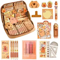Merkloos Federmäppchen Stiftemappe Schlamperbox - Capybara-Motiv - Mit 30 Stickern - Gelstifte, Markierstifte, Lineale und Notizblock - Für Schule und Büro