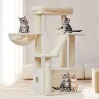 Merkloos Kratzbaum – Katzenbaum – 98 cm – Sisal – Zum Klettern und Spielen – Beige – Mit Hängekorb und Höhle