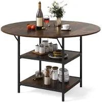 RELAX4LIFE Runder Esstisch Ø 120 cm für 4-6 Personen mit 2 Ablagen, Holzoptik Vintage Braun