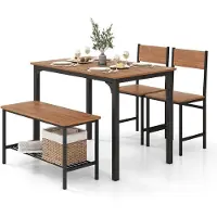 RELAX4LIFE Esstisch Set 4-teilig mit 2 Stühlen & Bank, Aufbewahrungsregal, Metallgestell, Industriedesign, Braun