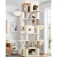 WAN Katzenbaum XXL – Kratzbaum mit Häuschen – Zum Spielen und Ausruhen – Drei geräumige Häuschen – 204 cm hoch – Beige