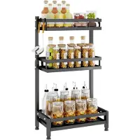 LTPRTZ Gewürzregal für die Küche – Aufbewahrungs- und Ordnungshelfer – Hält die Arbeitsfläche sauber – 3 Ebenen mit Haken – 60 cm hoch – Schwarz