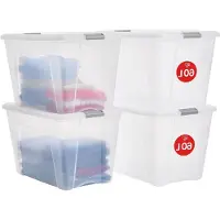 LTPRTZ Aufbewahrungsboxen mit Deckel – Stapelbare Behälter – Zur Raumorganisation – BPA-freies Polypropylen – Set mit 4 Stück, 60 Liter Fassungsvermögen – Transparent, silberfarben