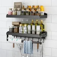 LTPRTZ Kräuteregal-Set – Küchenorganizer – Aufbewahrungslösung für die Küche – Mit Haken – 40 cm – Schwarz