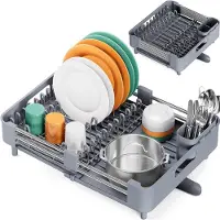 LTPRTZ Abtropfgestell, erweiterbar - Küchenregal-Organizer - Küchenaufbewahrung - Verstellbar mit Ausguss - 34-55 cm breit - Grau