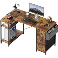LTPRTZ Eckschreibtisch mit Schubladen – L-förmiger Schreibtisch – Organisation für das Arbeiten von zu Hause aus – Verstellbares Aufbewahrungsregal – 120 x 80 cm – Vintage-Braun
