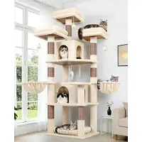 WAN Kratzbaum mit Häuschen – Katzenbaum – Zum Spielen und Entspannen – Stabile Bodenmontage – 174 cm hoch – Beige