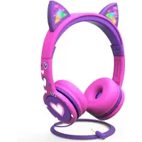 LTPRTZ Kinderkopfhörer – Kopfhörer mit Katzenohren – Für das Hören von Musik – Mit LED-Beleuchtung – Lautstärke: 85 dB – Rosa-lila