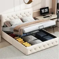 Moonbite Bett mit Stauraum, 140 x 200 cm, Bettgestell mit Kopfteil und Lattenrost, Samt, Beige